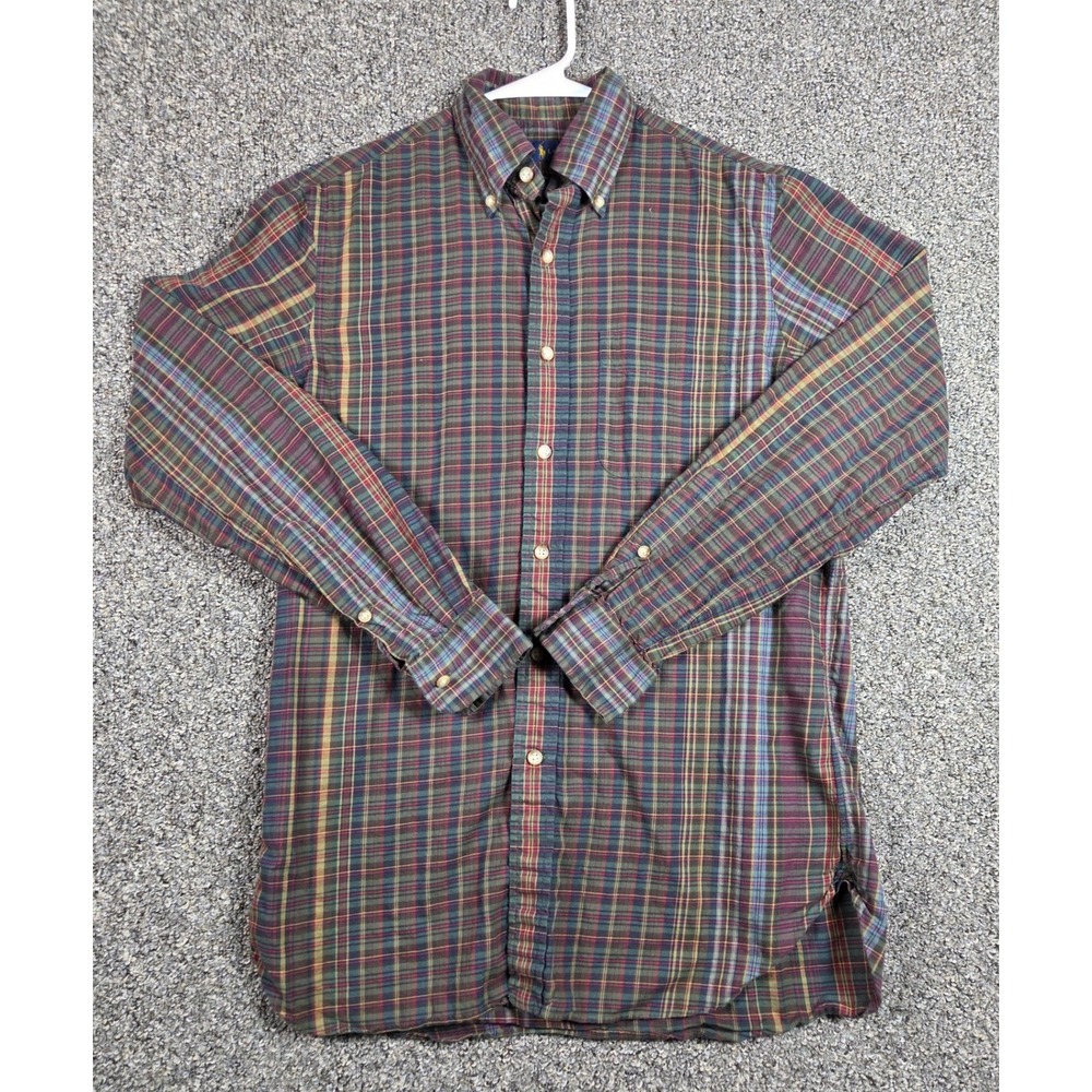 Polo Ralph Lauren Button Down Shirt Mens S Green Plaid 100% Cotton Long Sleeve